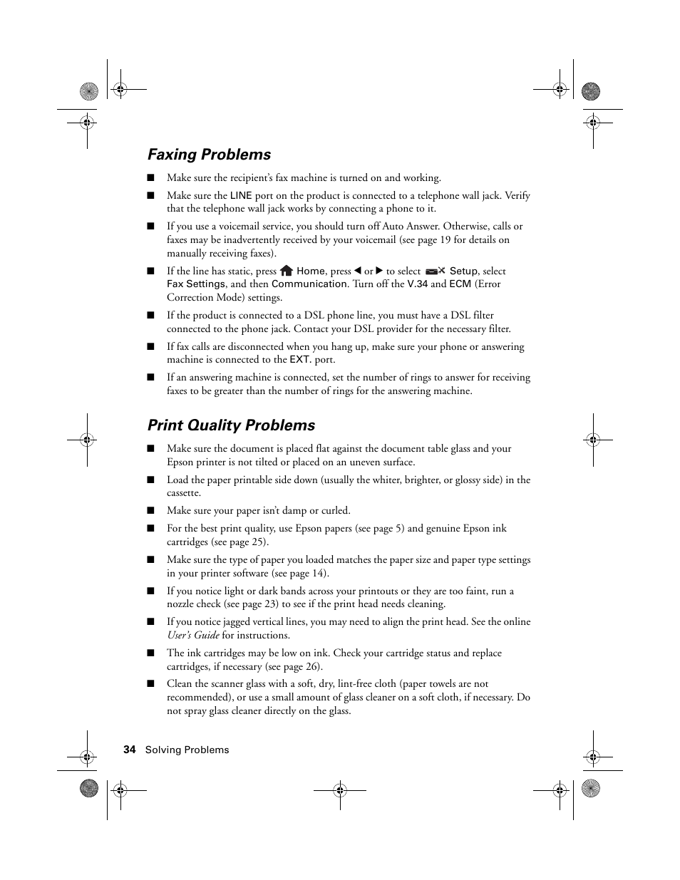 Faxing problems, Print quality problems | Epson Artisan 837 User Manual | Page 34 / 44
