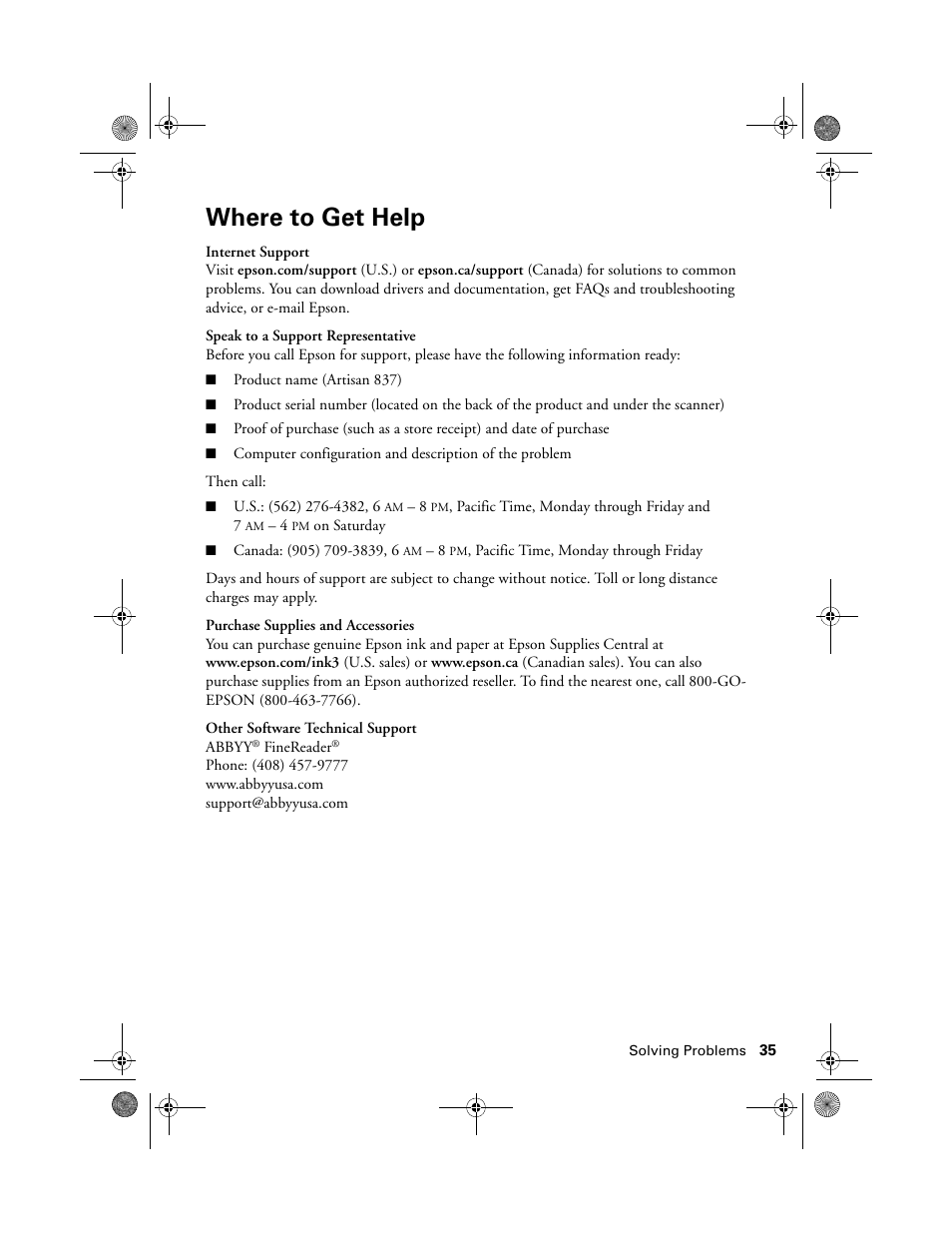 Where to get help | Epson Artisan 837 User Manual | Page 35 / 44