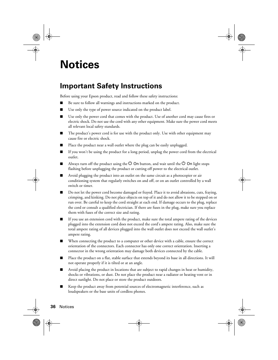 Notices, Important safety instructions | Epson Artisan 837 User Manual | Page 36 / 44