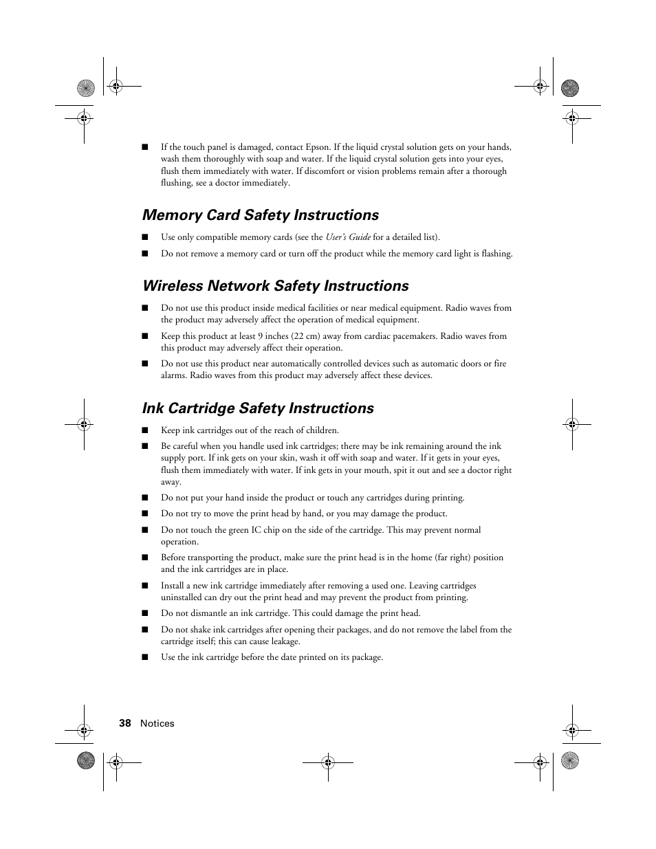 Wireless network safety instructions, Ink cartridge safety instructions | Epson Artisan 837 User Manual | Page 38 / 44