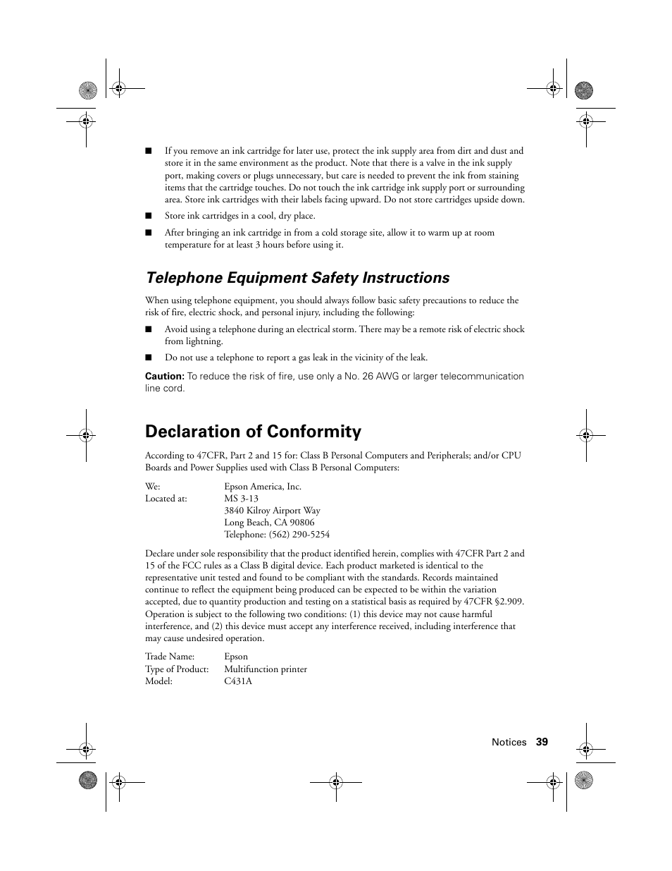 Declaration of conformity, Telephone equipment safety instructions | Epson Artisan 837 User Manual | Page 39 / 44