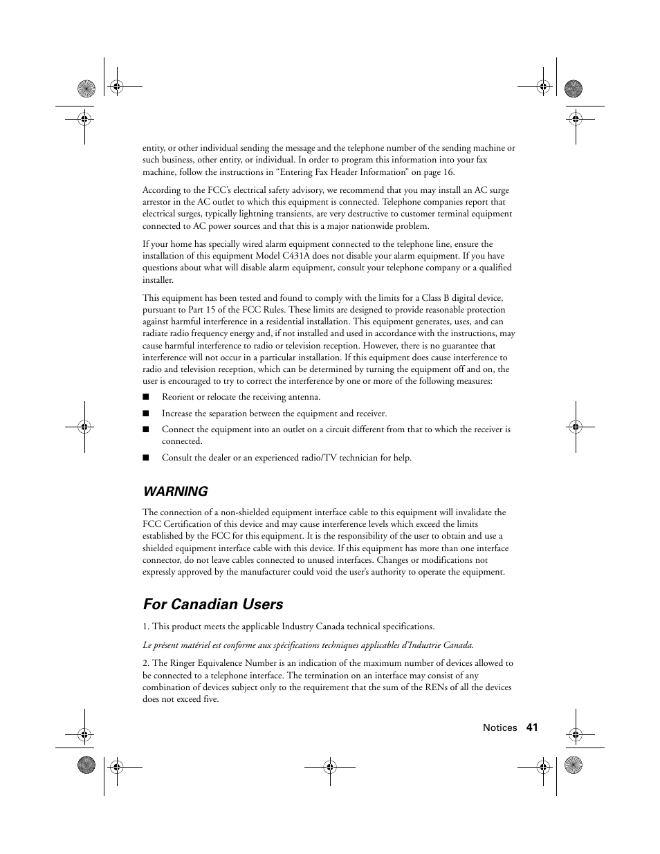 For canadian users, Warning | Epson Artisan 837 User Manual | Page 41 / 44