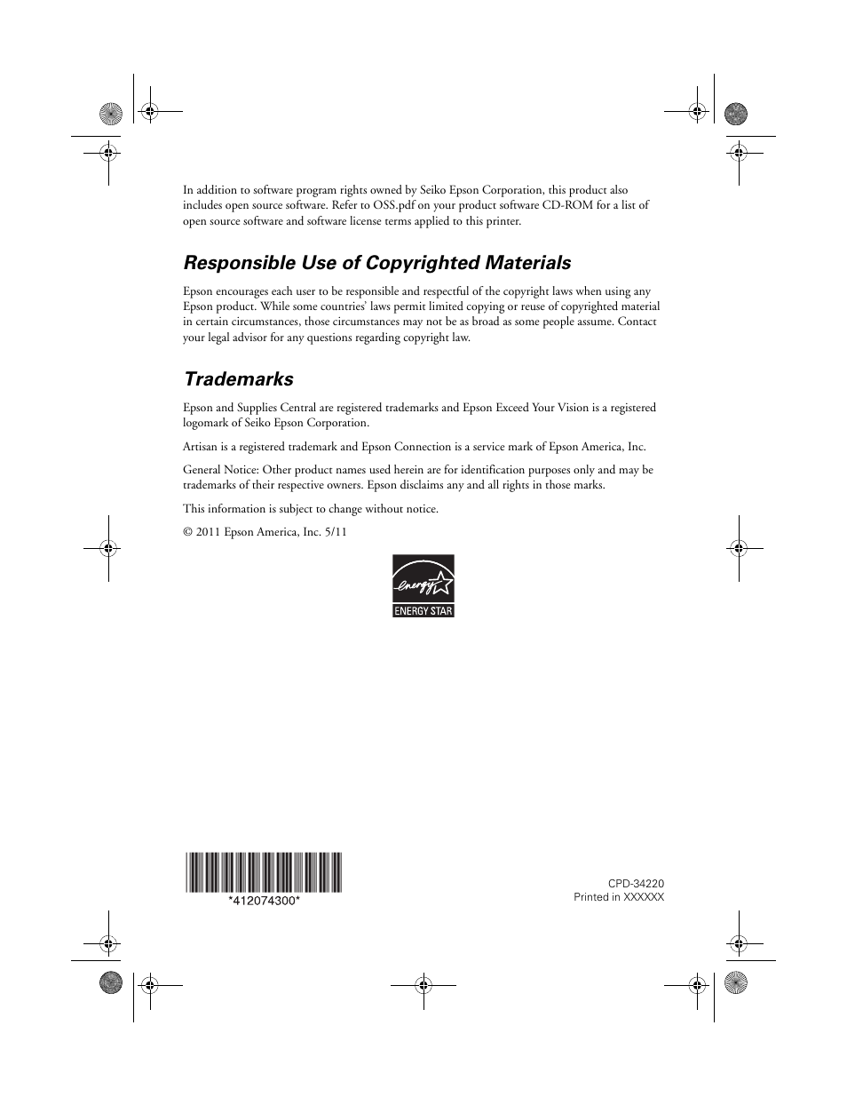 Responsible use of copyrighted materials, Trademarks | Epson Artisan 837 User Manual | Page 44 / 44