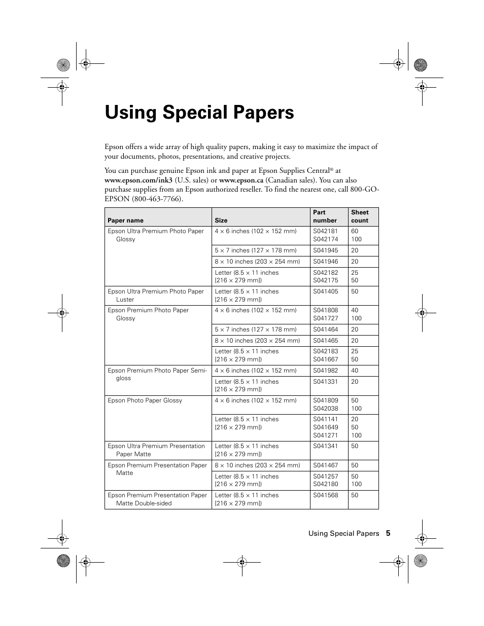 Using special papers | Epson Artisan 837 User Manual | Page 5 / 44