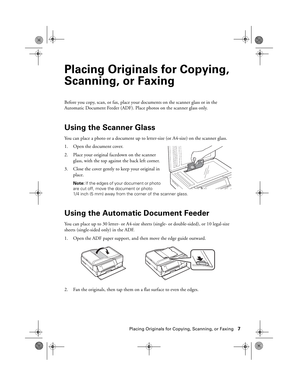 Placing originals for copying, scanning, or faxing, Using the scanner glass, Using the automatic document feeder | Epson Artisan 837 User Manual | Page 7 / 44