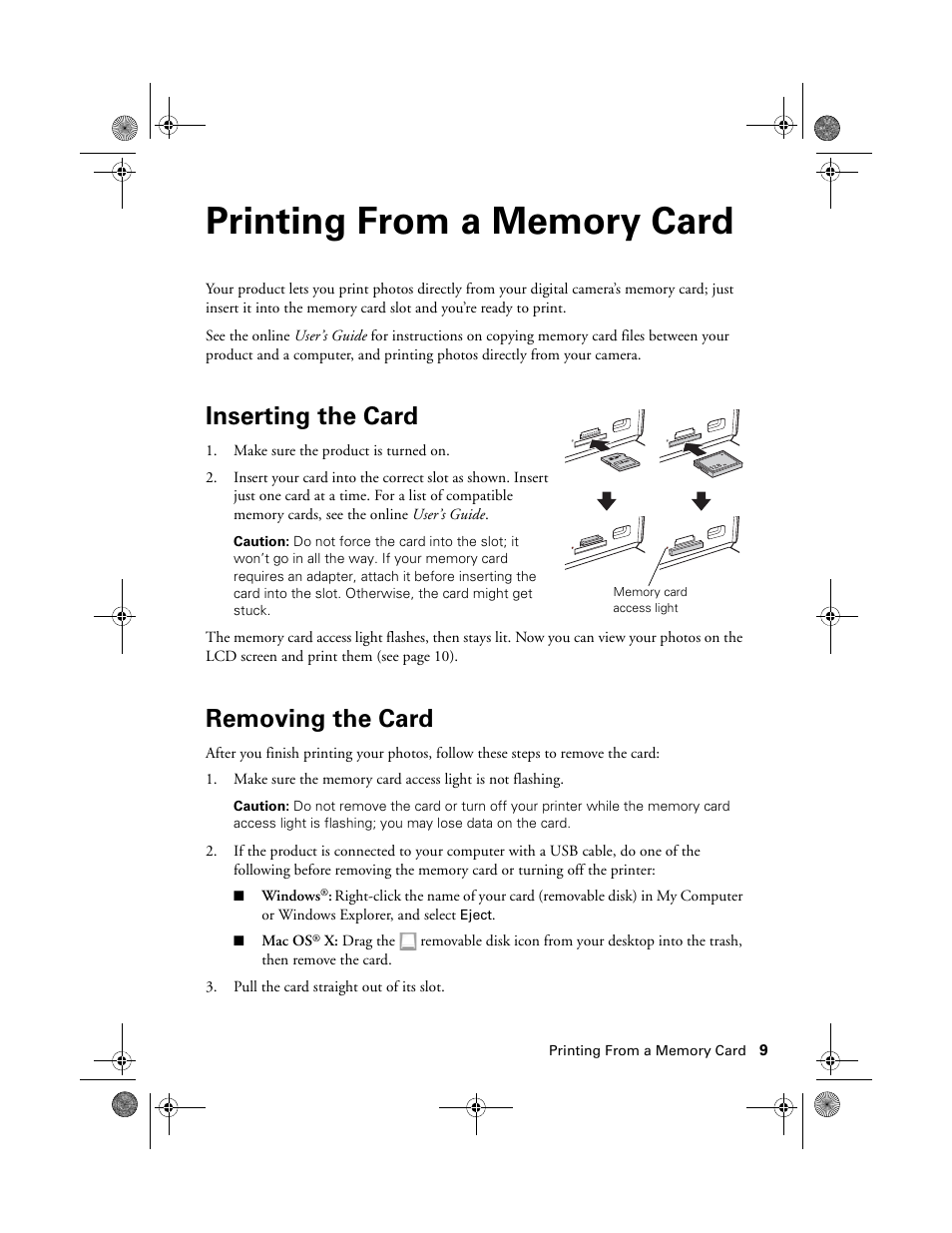 Printing from a memory card, Inserting the card, Removing the card | Epson Artisan 837 User Manual | Page 9 / 44