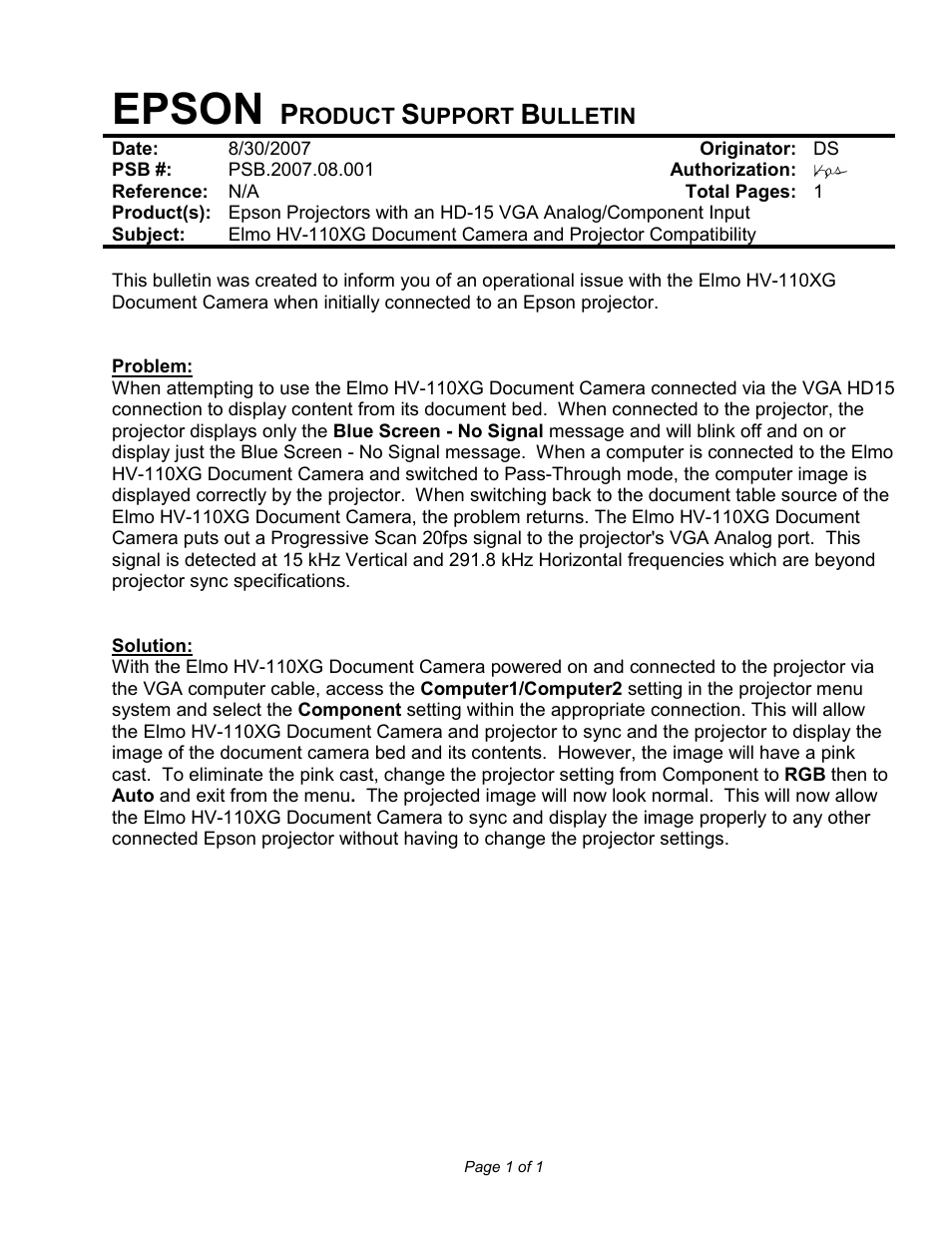 Epson Elmo Document Camera HV-110XG User Manual | 2 pages