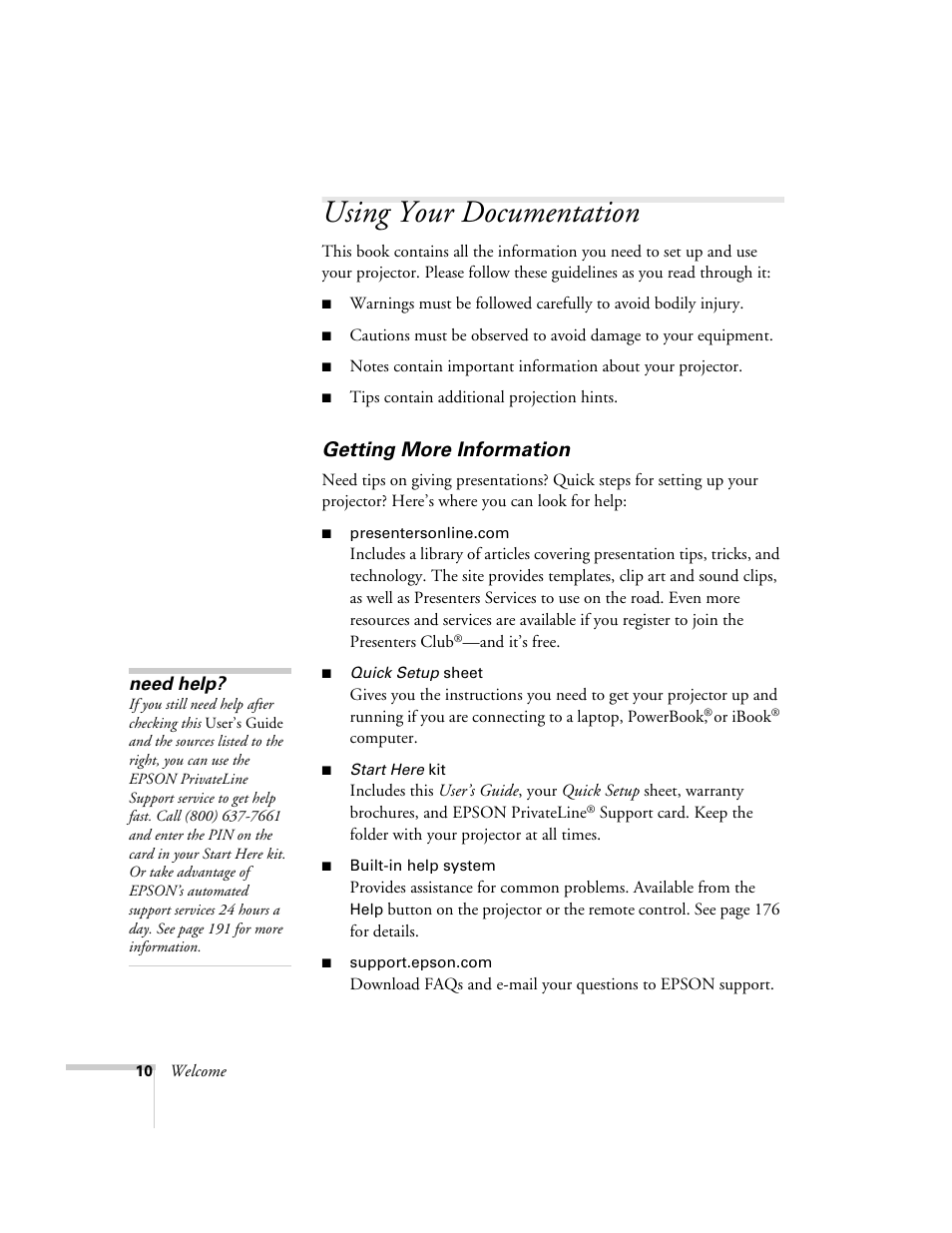 Using your documentation, Getting more information | Epson 7850p User Manual | Page 10 / 224