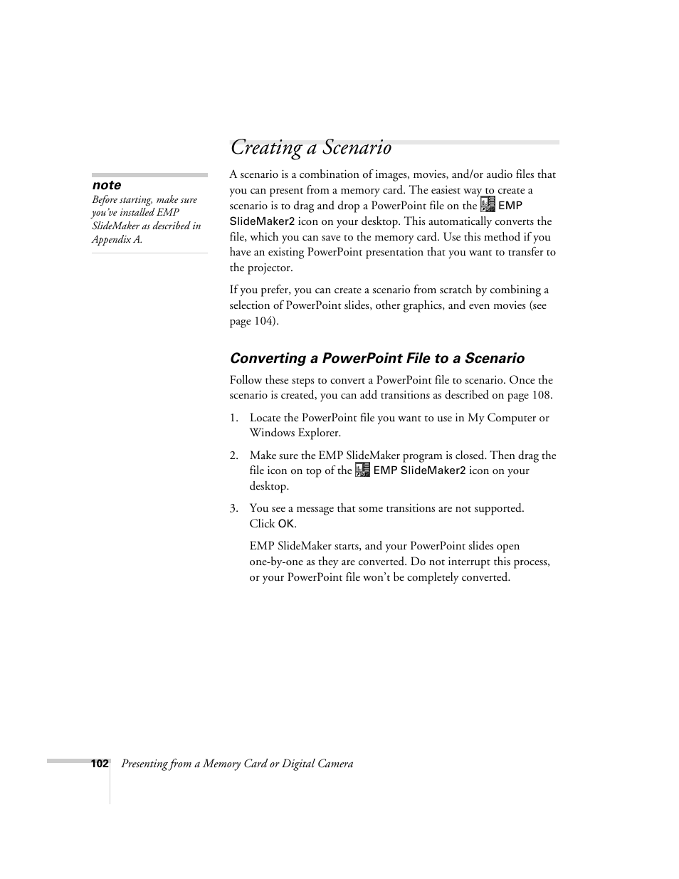 Creating a scenario, Converting a powerpoint file to a scenario | Epson 7850p User Manual | Page 102 / 224
