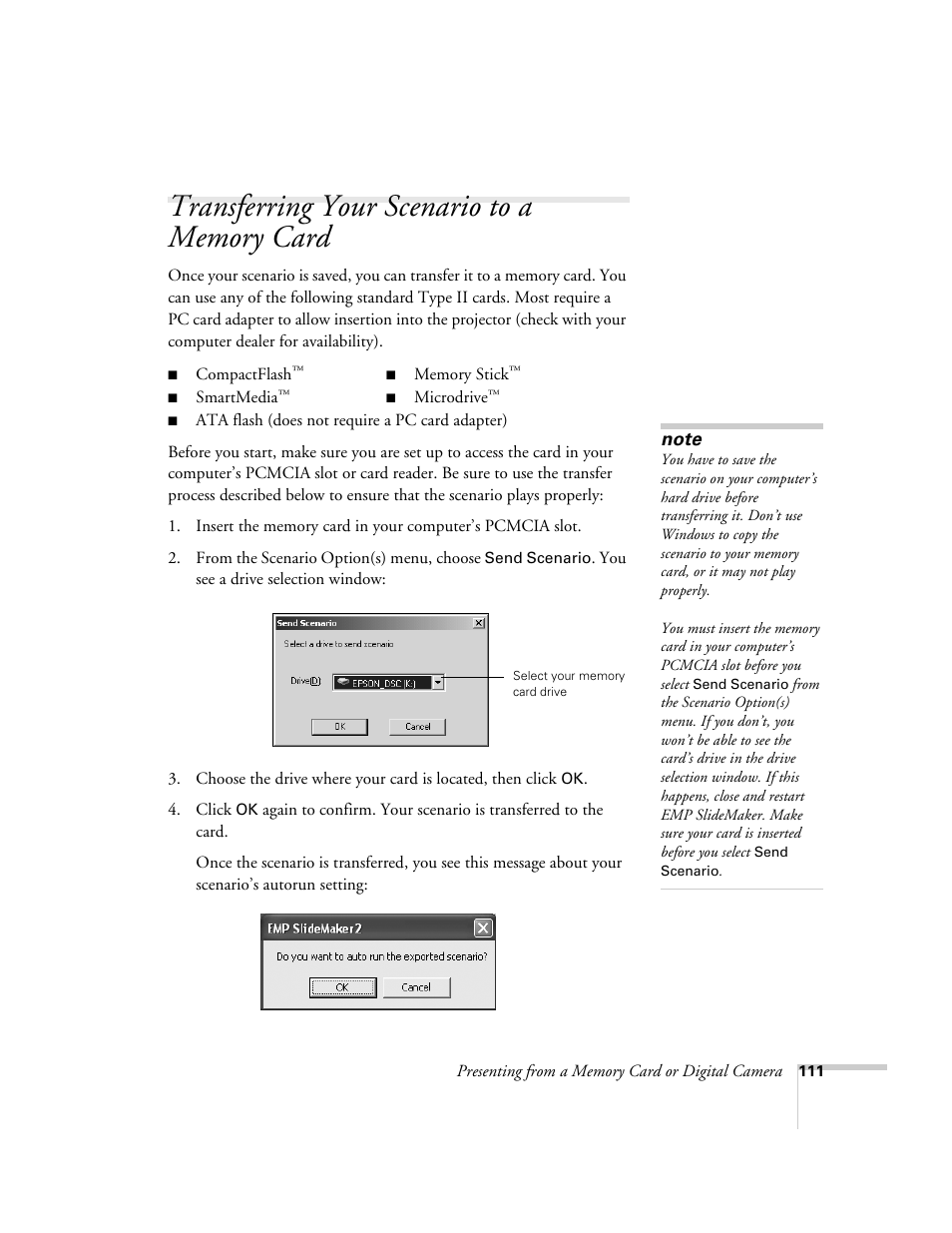 Transferring your scenario to a memory card | Epson 7850p User Manual | Page 111 / 224