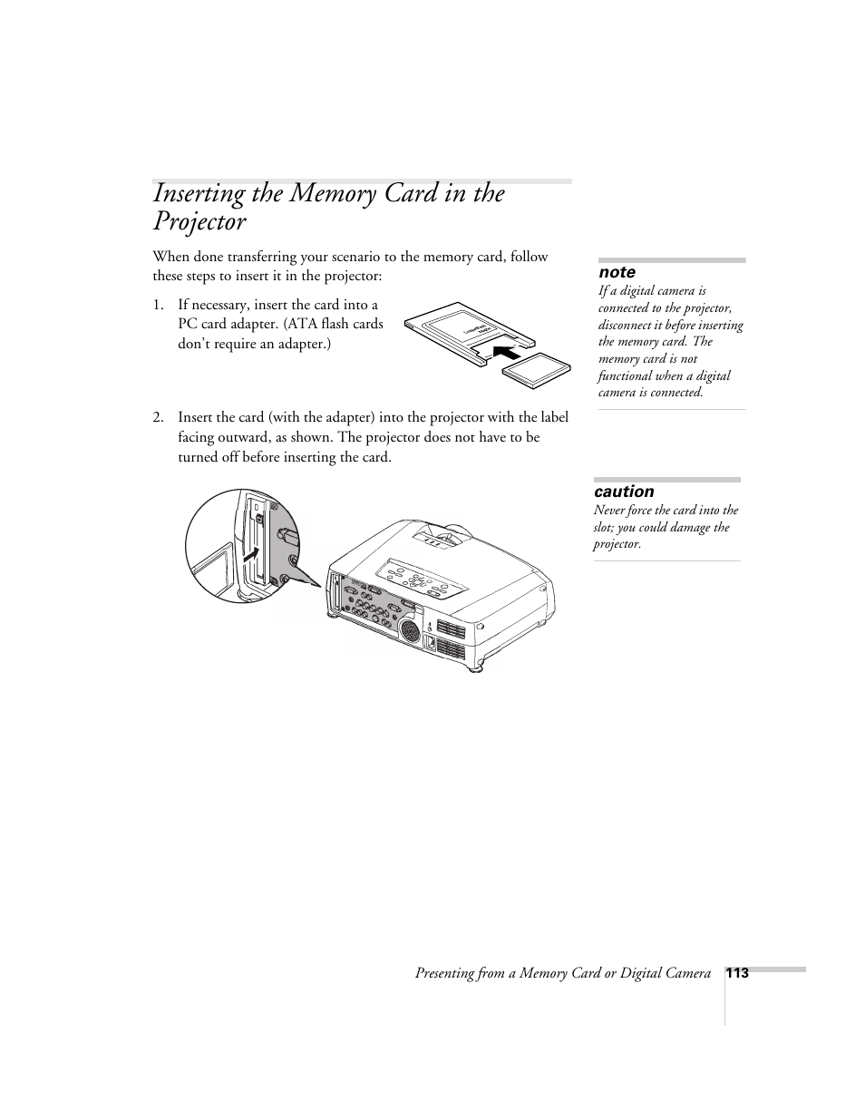 Inserting the memory card in the projector | Epson 7850p User Manual | Page 113 / 224