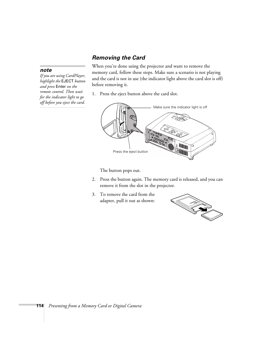 Removing the card | Epson 7850p User Manual | Page 114 / 224