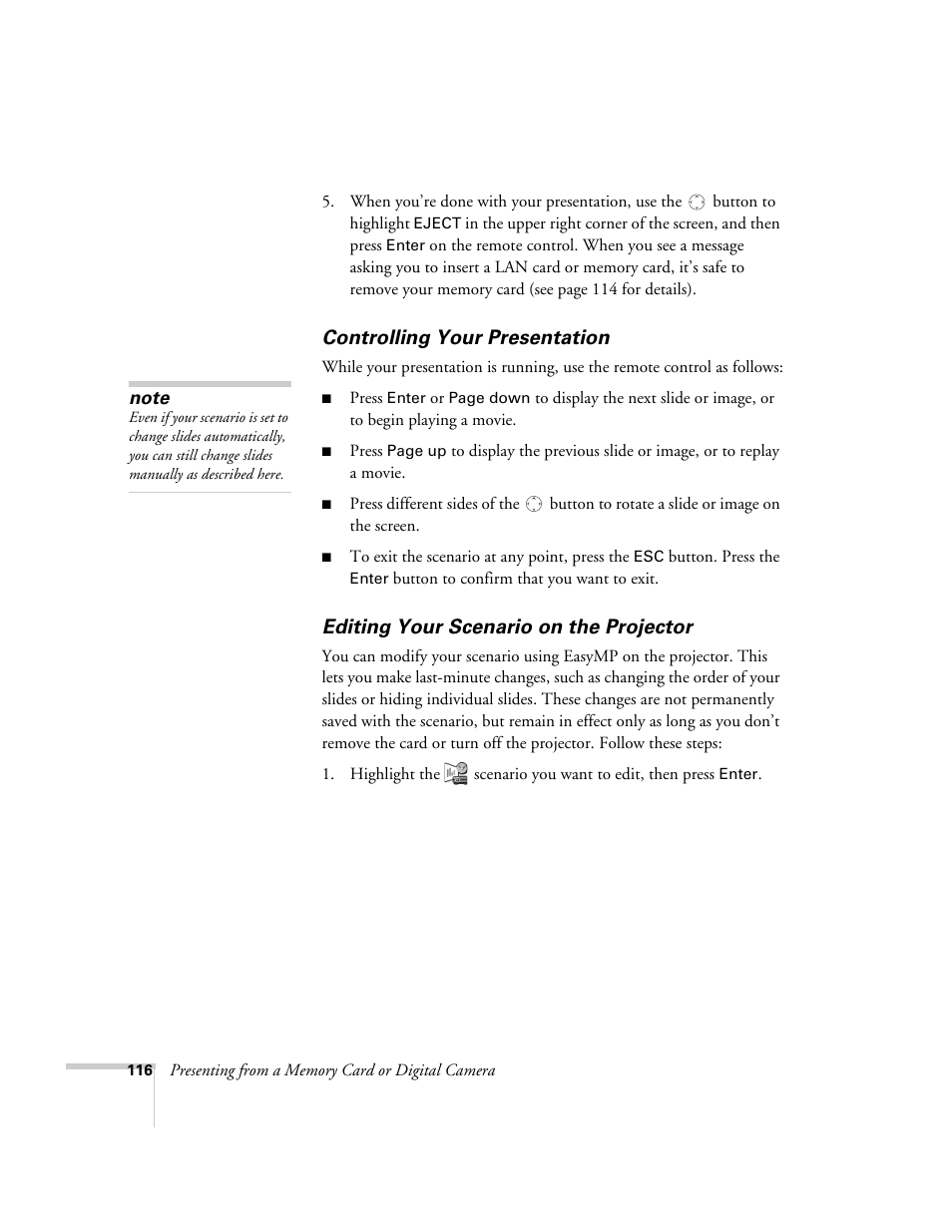 Controlling your presentation, Editing your scenario on the projector | Epson 7850p User Manual | Page 116 / 224