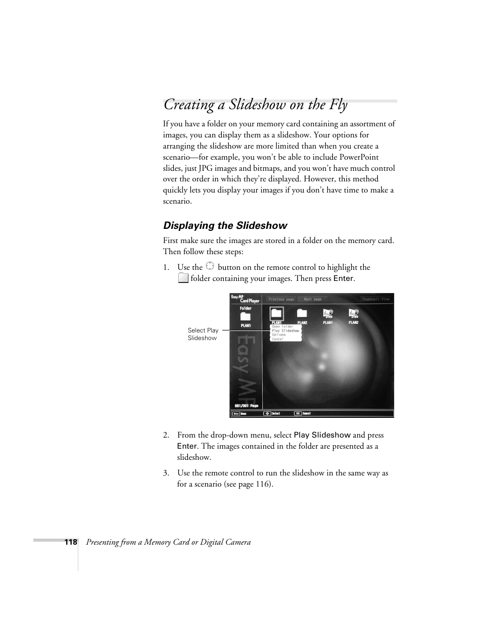 Creating a slideshow on the fly, Displaying the slideshow | Epson 7850p User Manual | Page 118 / 224