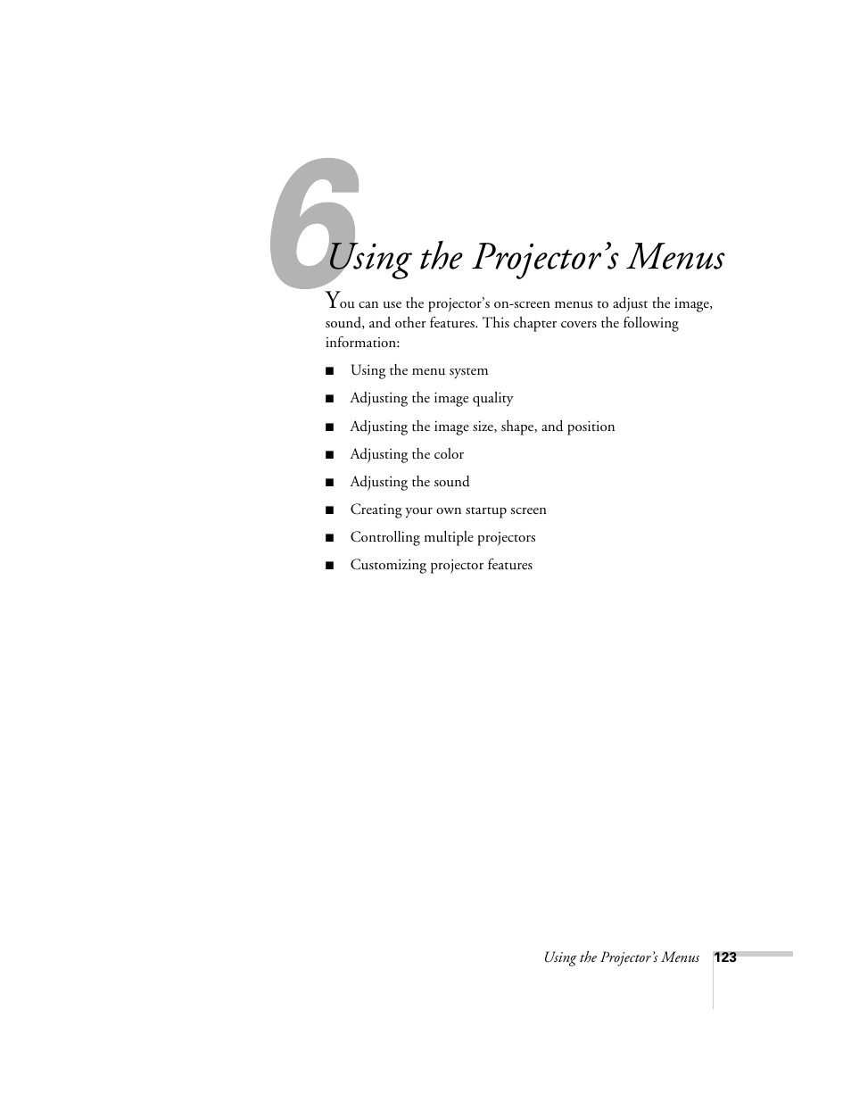 Using the projector’s menus | Epson 7850p User Manual | Page 123 / 224