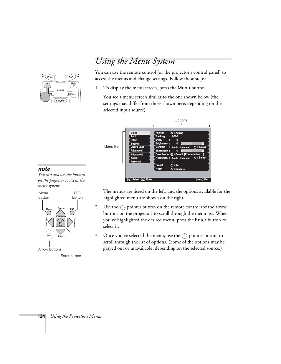 Using the menu system, Using the projector’s menus, Menu | Enter | Epson 7850p User Manual | Page 124 / 224