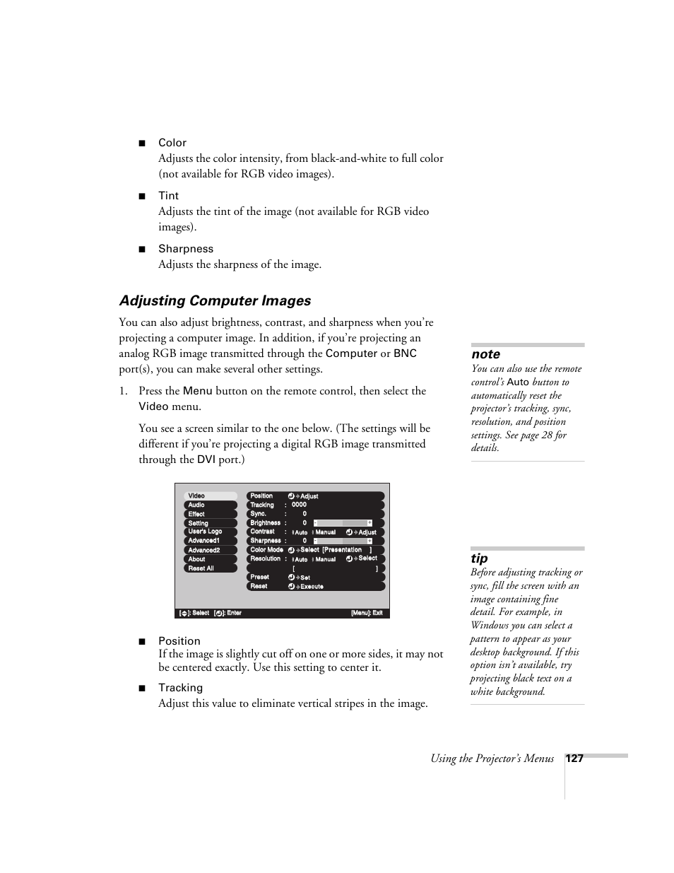 Adjusting computer images, Using the projector’s menus, Adjusts the sharpness of the image | Button on the remote control, then select the, Port.), Color, Tint, Sharpness, Computer, Menu | Epson 7850p User Manual | Page 127 / 224