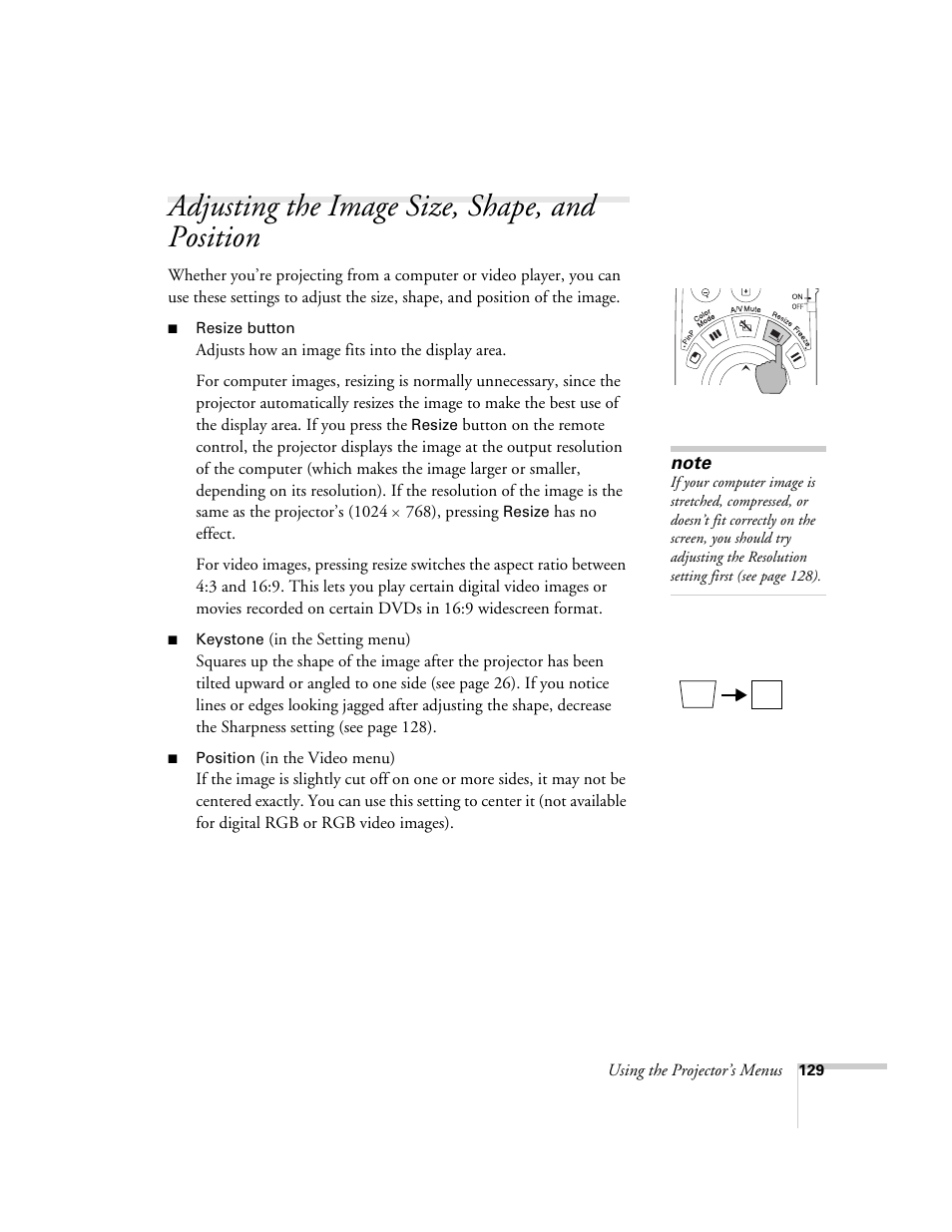 Adjusting the image size, shape, and position | Epson 7850p User Manual | Page 129 / 224
