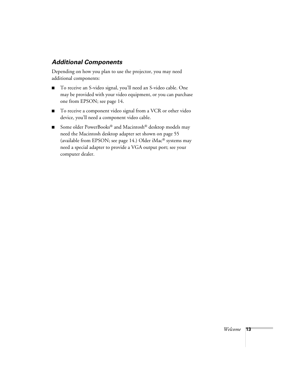 Additional components | Epson 7850p User Manual | Page 13 / 224