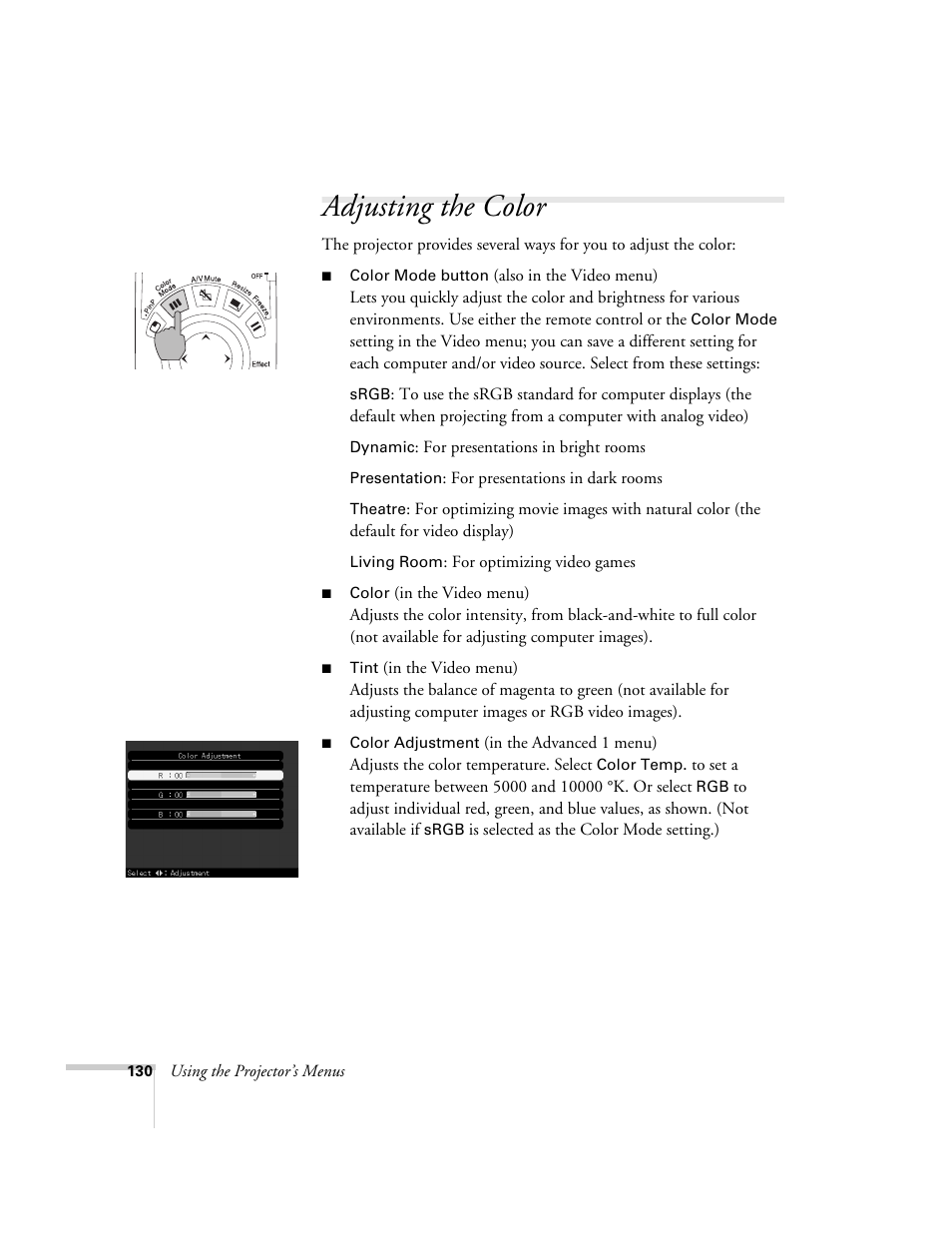 Adjusting the color | Epson 7850p User Manual | Page 130 / 224