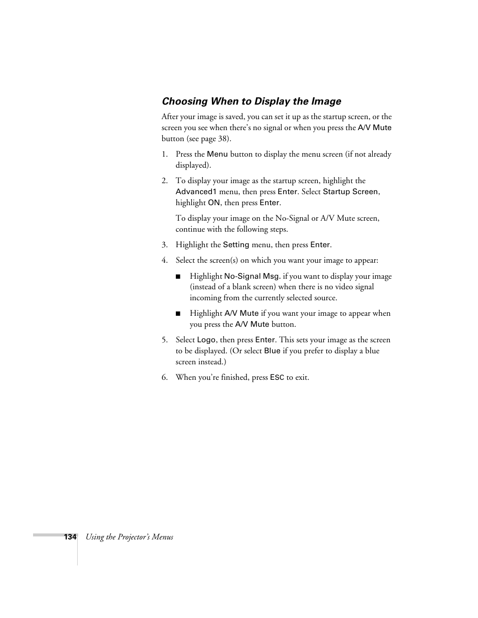 Choosing when to display the image | Epson 7850p User Manual | Page 134 / 224