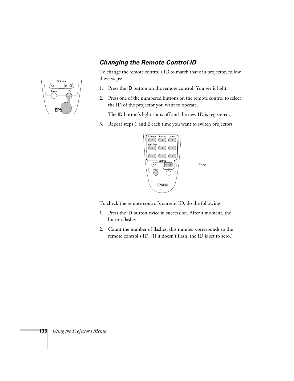 Changing the remote control id | Epson 7850p User Manual | Page 136 / 224