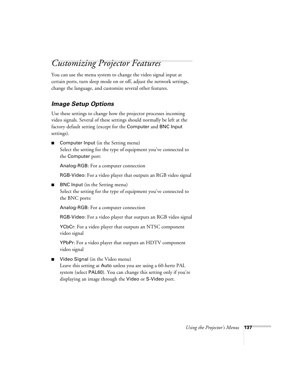 Customizing projector features, Image setup options | Epson 7850p User Manual | Page 137 / 224