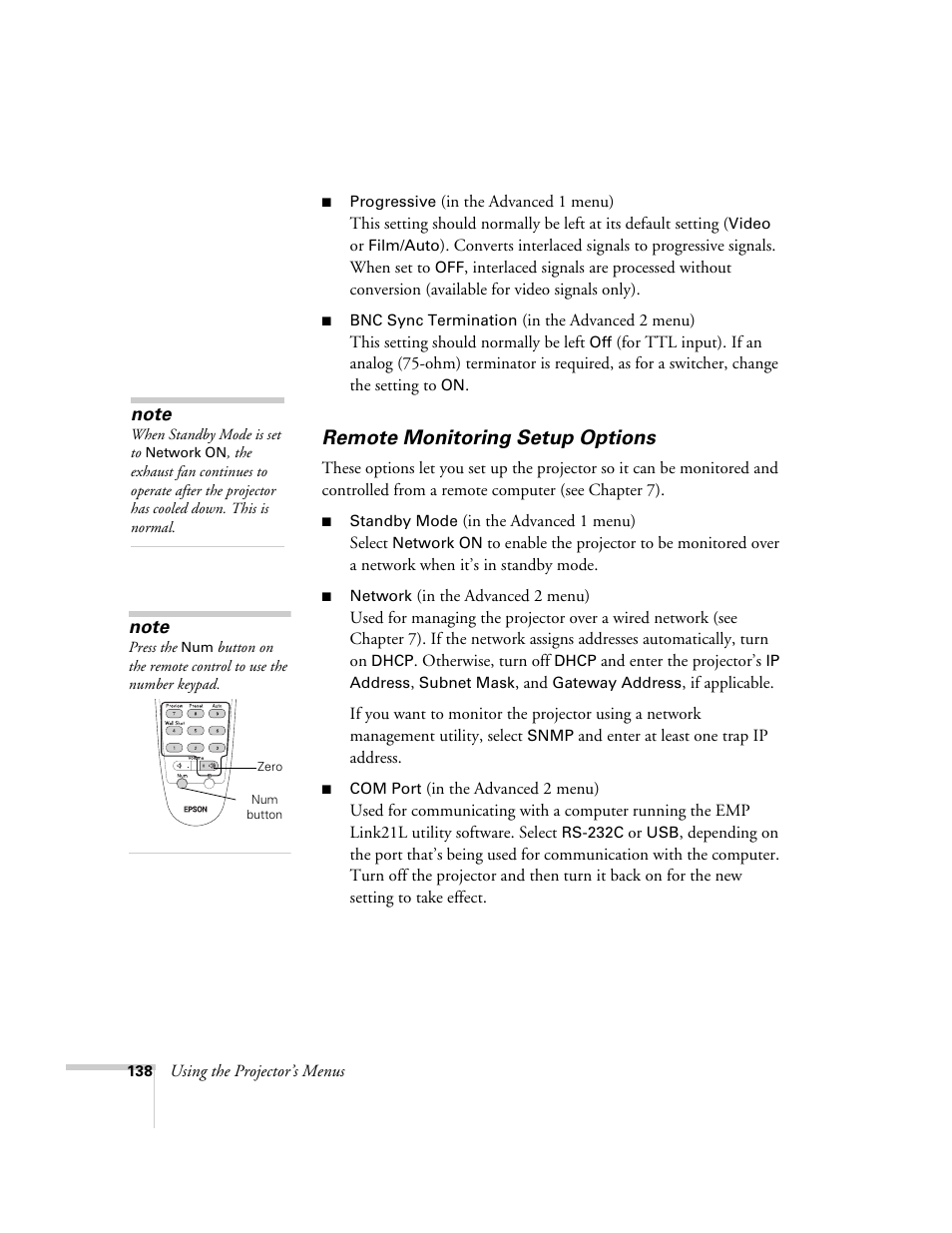 Remote monitoring setup options | Epson 7850p User Manual | Page 138 / 224