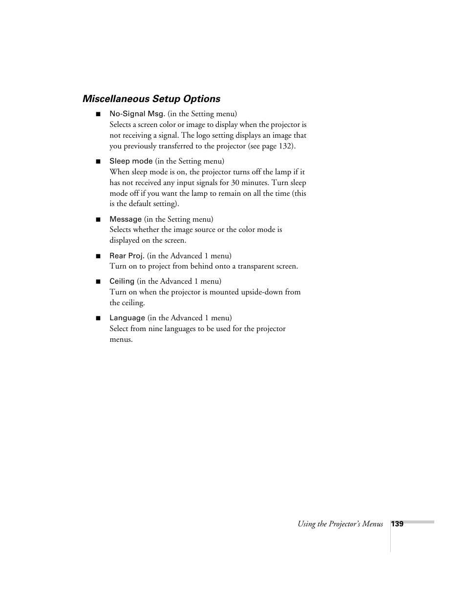 Miscellaneous setup options | Epson 7850p User Manual | Page 139 / 224