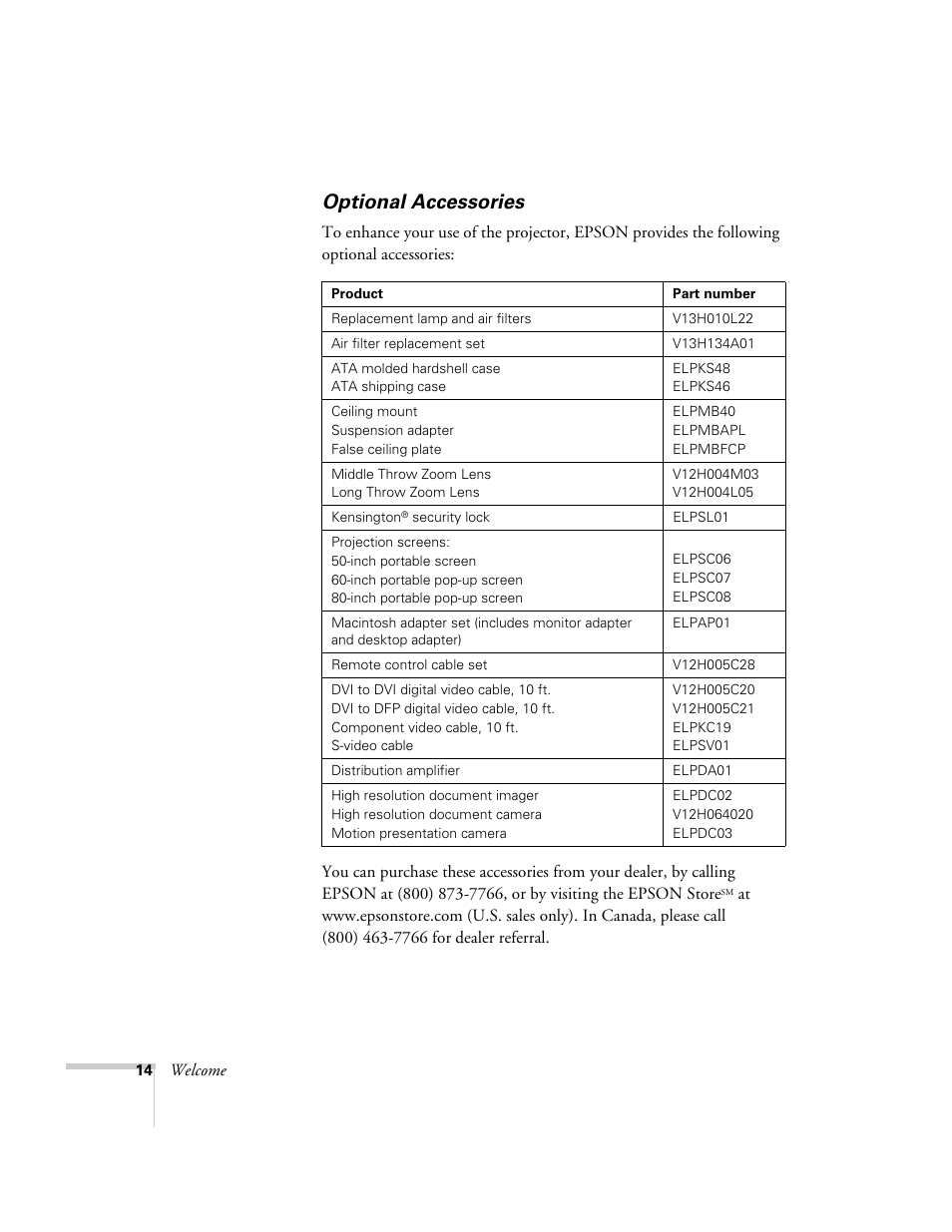Optional accessories | Epson 7850p User Manual | Page 14 / 224