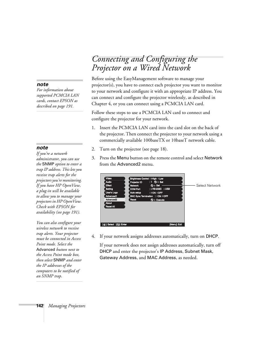 Connecting and configuring the projector, On a wired network, Managing projectors | Button on the remote control and select, And enter the projector’s, As needed, Menu, Network, Advanced2, Dhcp | Epson 7850p User Manual | Page 142 / 224