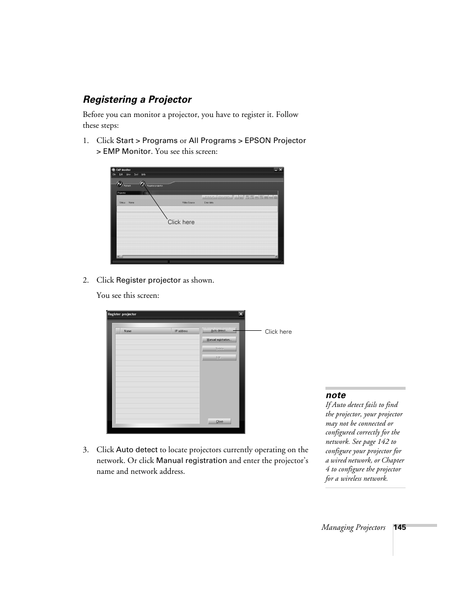 Registering a projector | Epson 7850p User Manual | Page 145 / 224