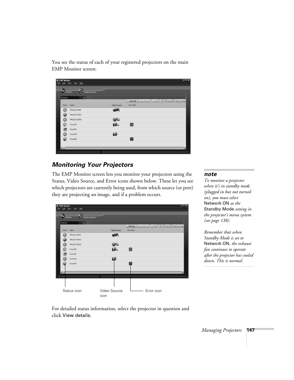 Monitoring your projectors | Epson 7850p User Manual | Page 147 / 224