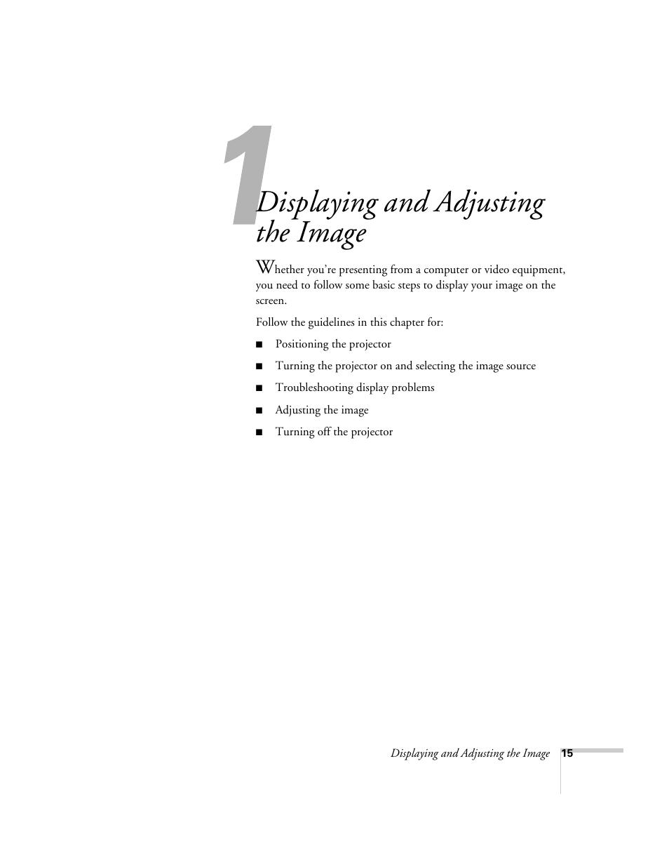 Displaying and adjusting the image | Epson 7850p User Manual | Page 15 / 224