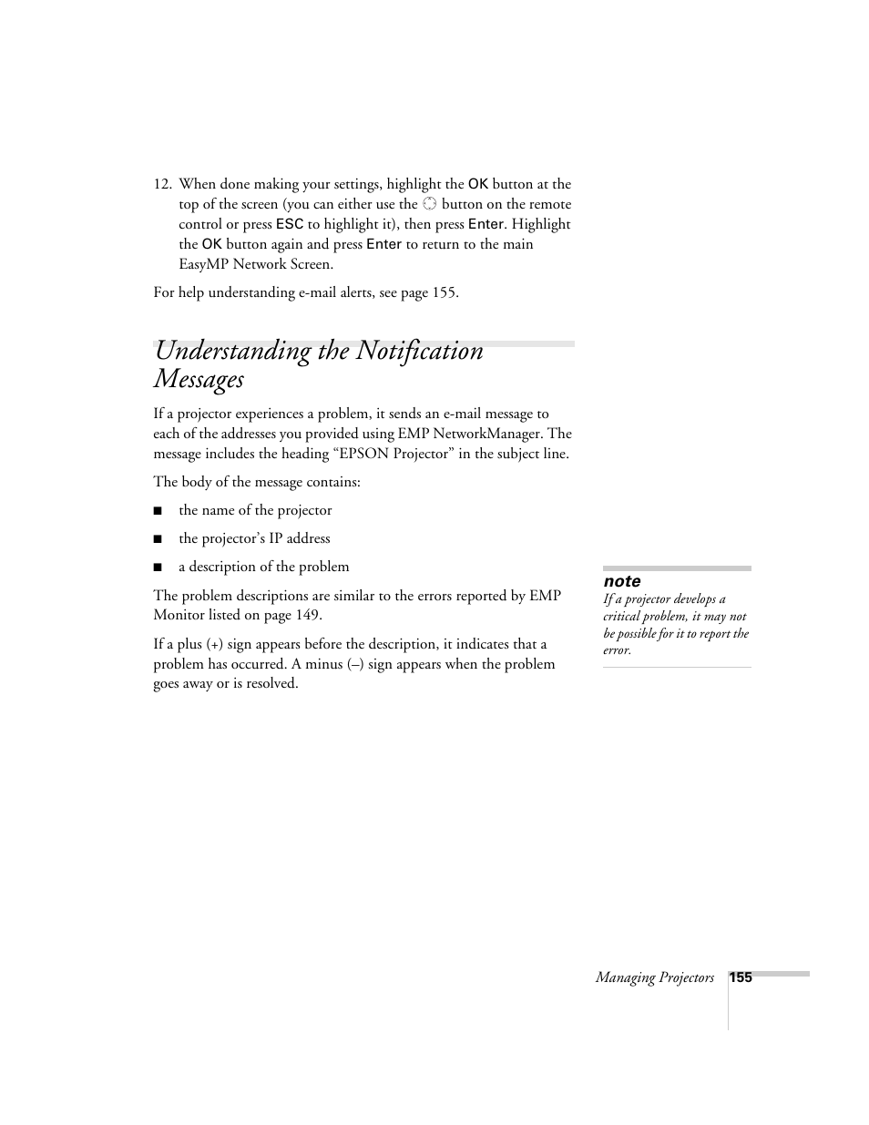 Understanding the notification messages | Epson 7850p User Manual | Page 155 / 224
