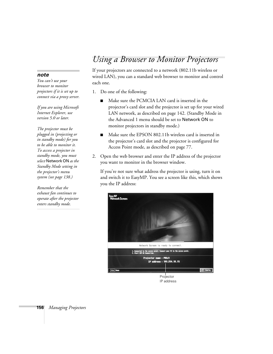 Using a browser to monitor projectors | Epson 7850p User Manual | Page 156 / 224