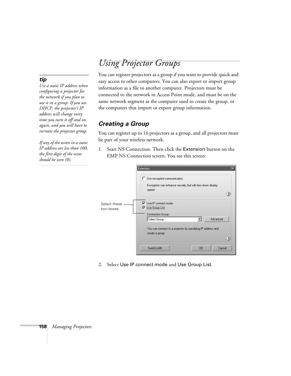 Using projector groups, Creating a group | Epson 7850p User Manual | Page 158 / 224