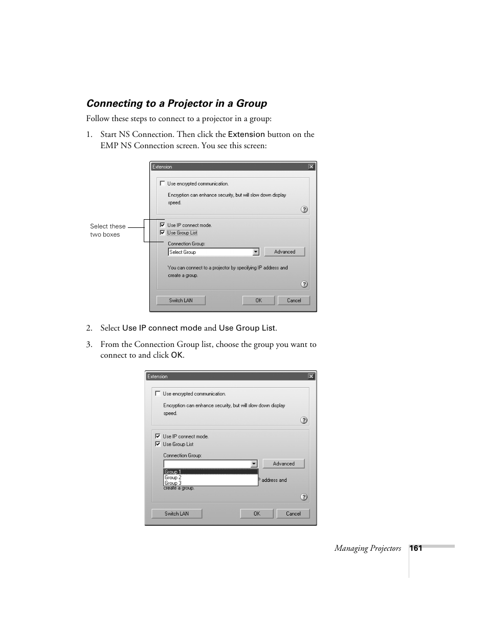Connecting to a projector in a group | Epson 7850p User Manual | Page 161 / 224