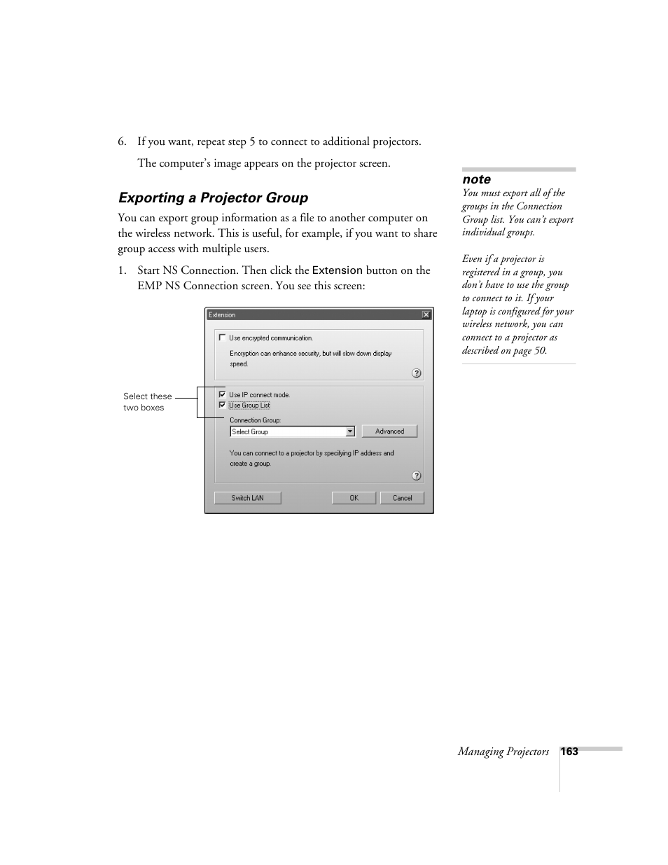 Exporting a projector group | Epson 7850p User Manual | Page 163 / 224