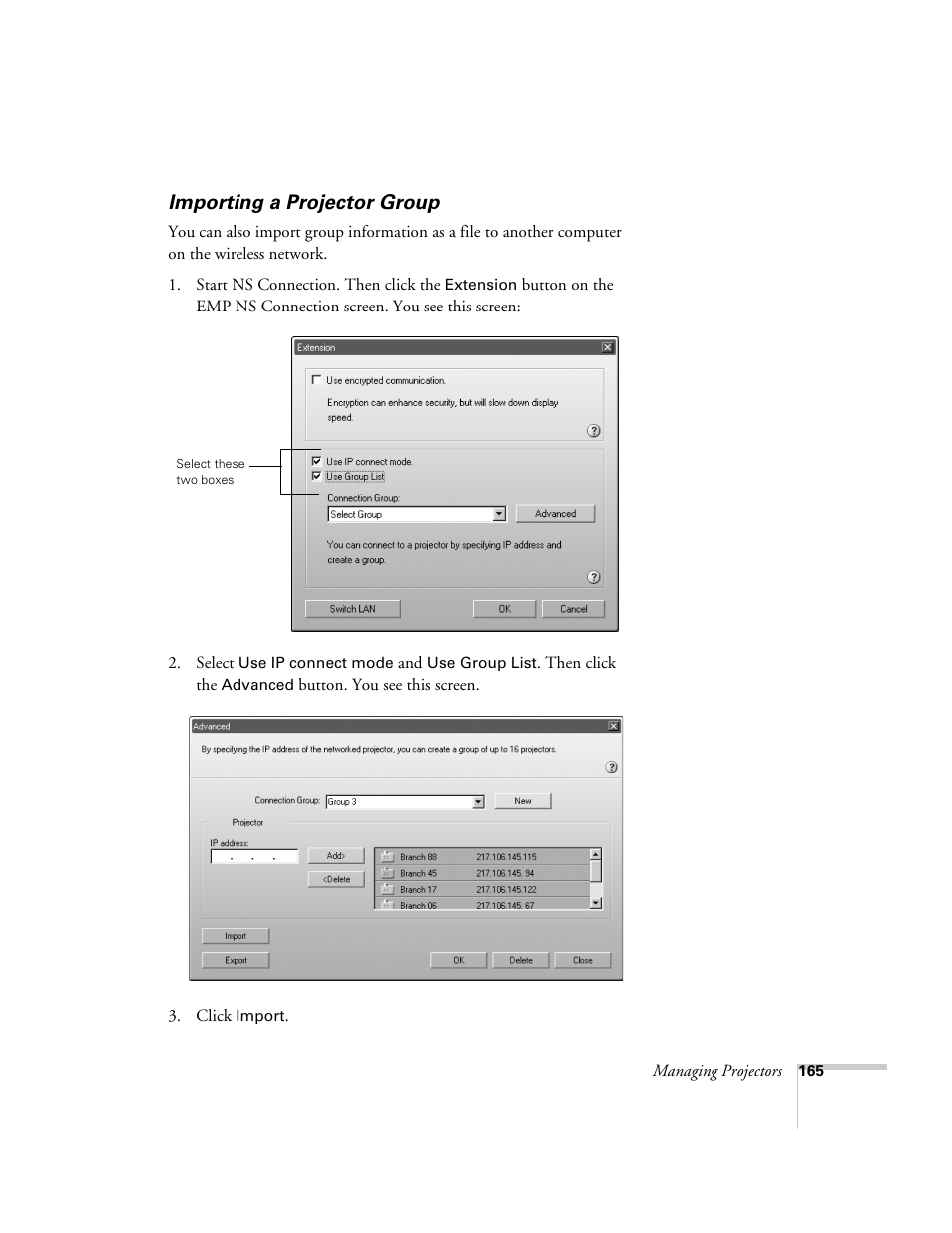 Importing a projector group | Epson 7850p User Manual | Page 165 / 224