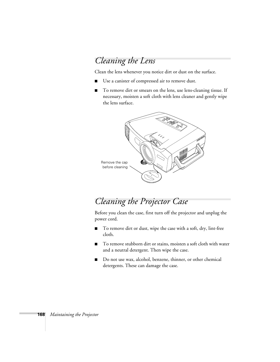 Cleaning the lens, Cleaning the projector case, Cleaning the lens cleaning the projector case | Epson 7850p User Manual | Page 168 / 224