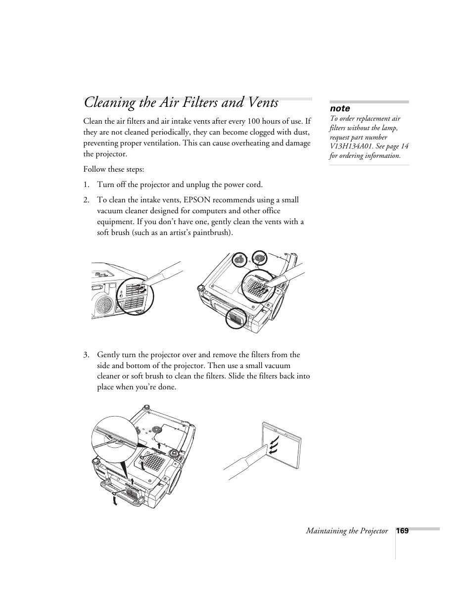 Cleaning the air filters and vents | Epson 7850p User Manual | Page 169 / 224