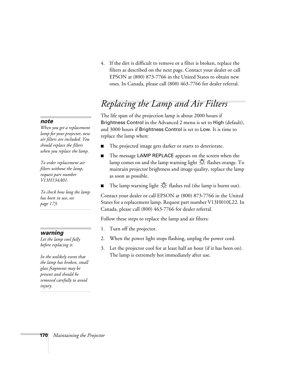 Replacing the lamp and air filters | Epson 7850p User Manual | Page 170 / 224