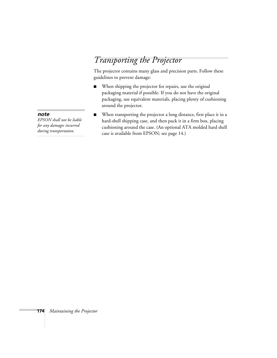 Transporting the projector | Epson 7850p User Manual | Page 174 / 224