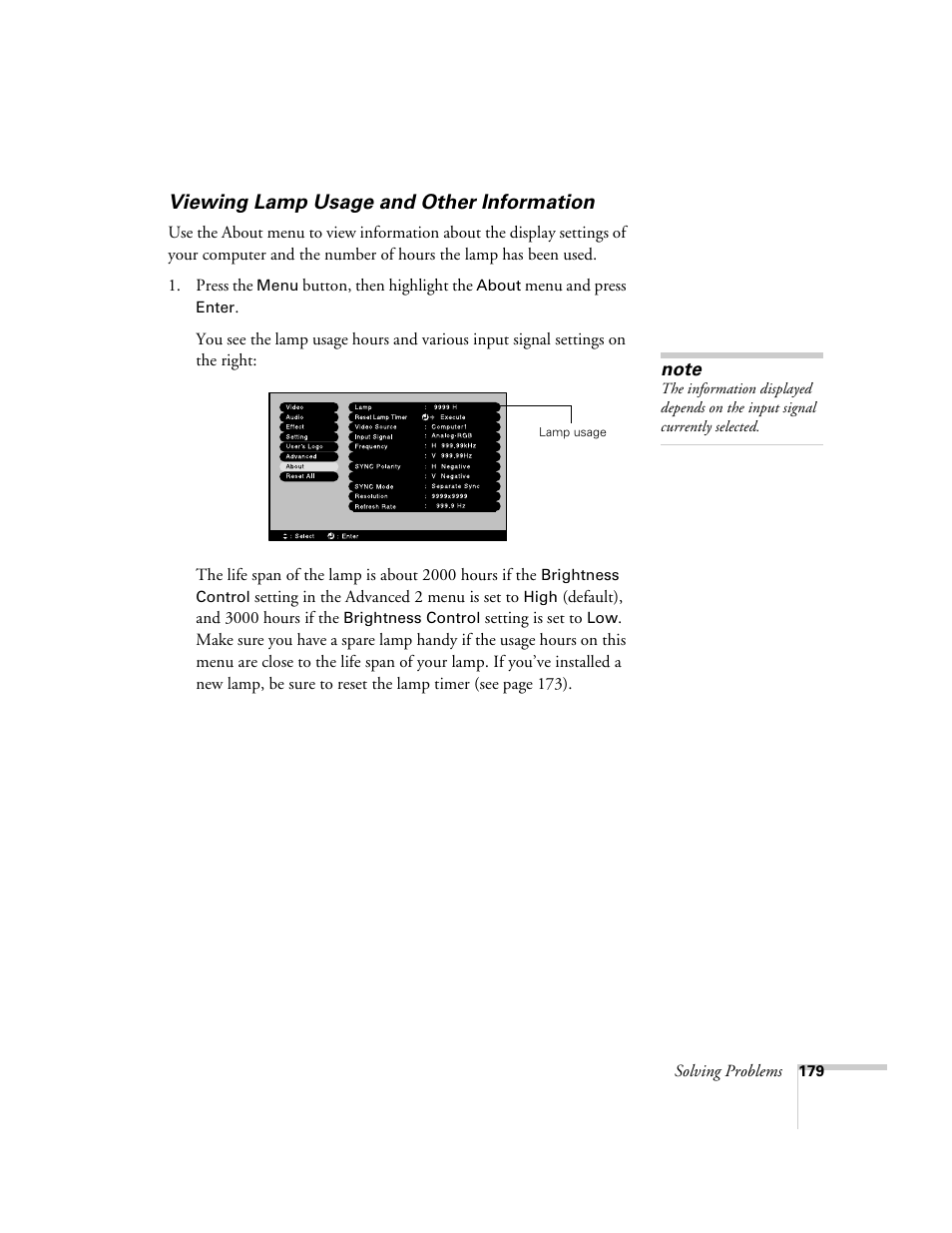 Viewing lamp usage and other information | Epson 7850p User Manual | Page 179 / 224