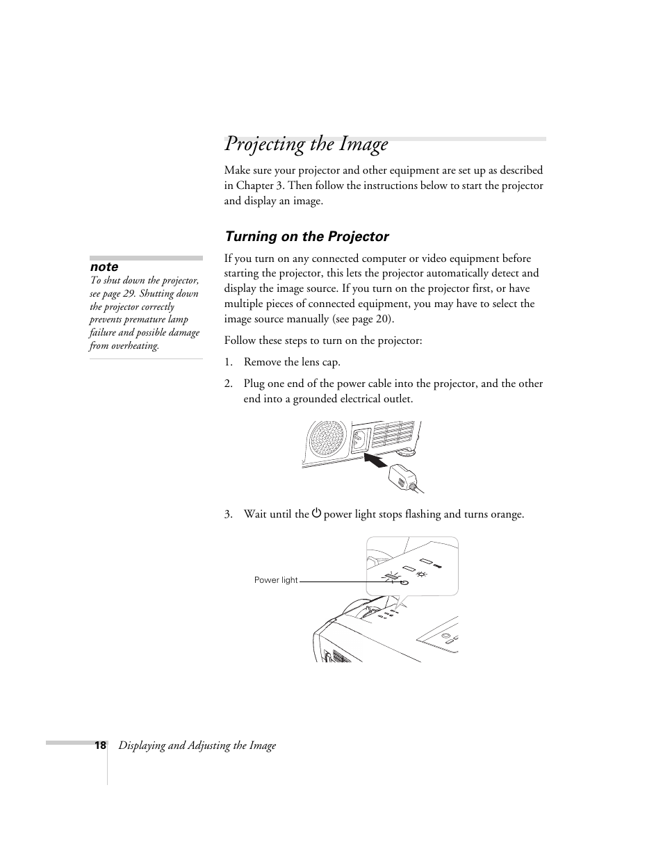 Projecting the image, Turning on the projector | Epson 7850p User Manual | Page 18 / 224