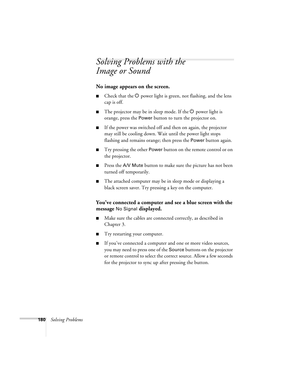 Solving problems with the imageorsound, Solving problems with the image or sound | Epson 7850p User Manual | Page 180 / 224