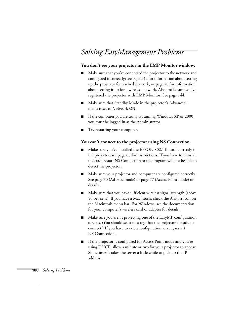 Solving easymanagement problems | Epson 7850p User Manual | Page 186 / 224