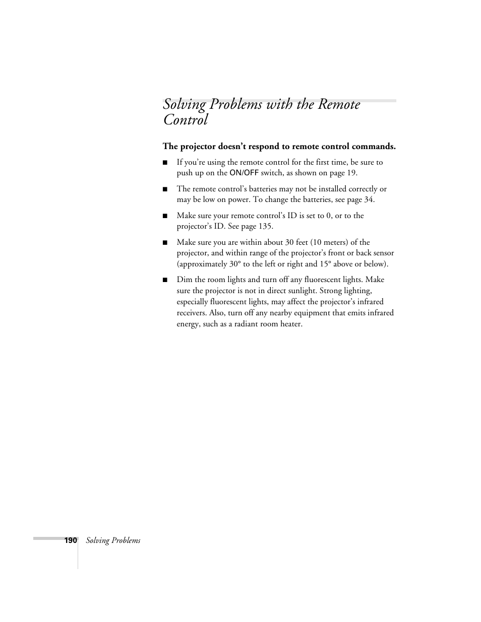 Solving problems with the remote control | Epson 7850p User Manual | Page 190 / 224