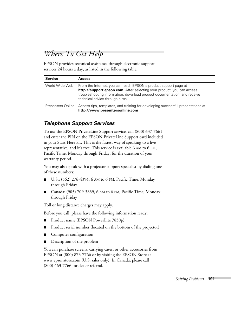 Where to get help, Telephone support services | Epson 7850p User Manual | Page 191 / 224